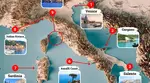 Map of Italy highlighting 9 coastal destinations