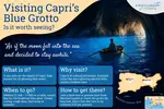 A mini visual travel guide to visiting the Blue Grotto on the Island of Capri, with a brief summary of the main points people should be aware of and a question asking "is the Blue Grotto worth it"?