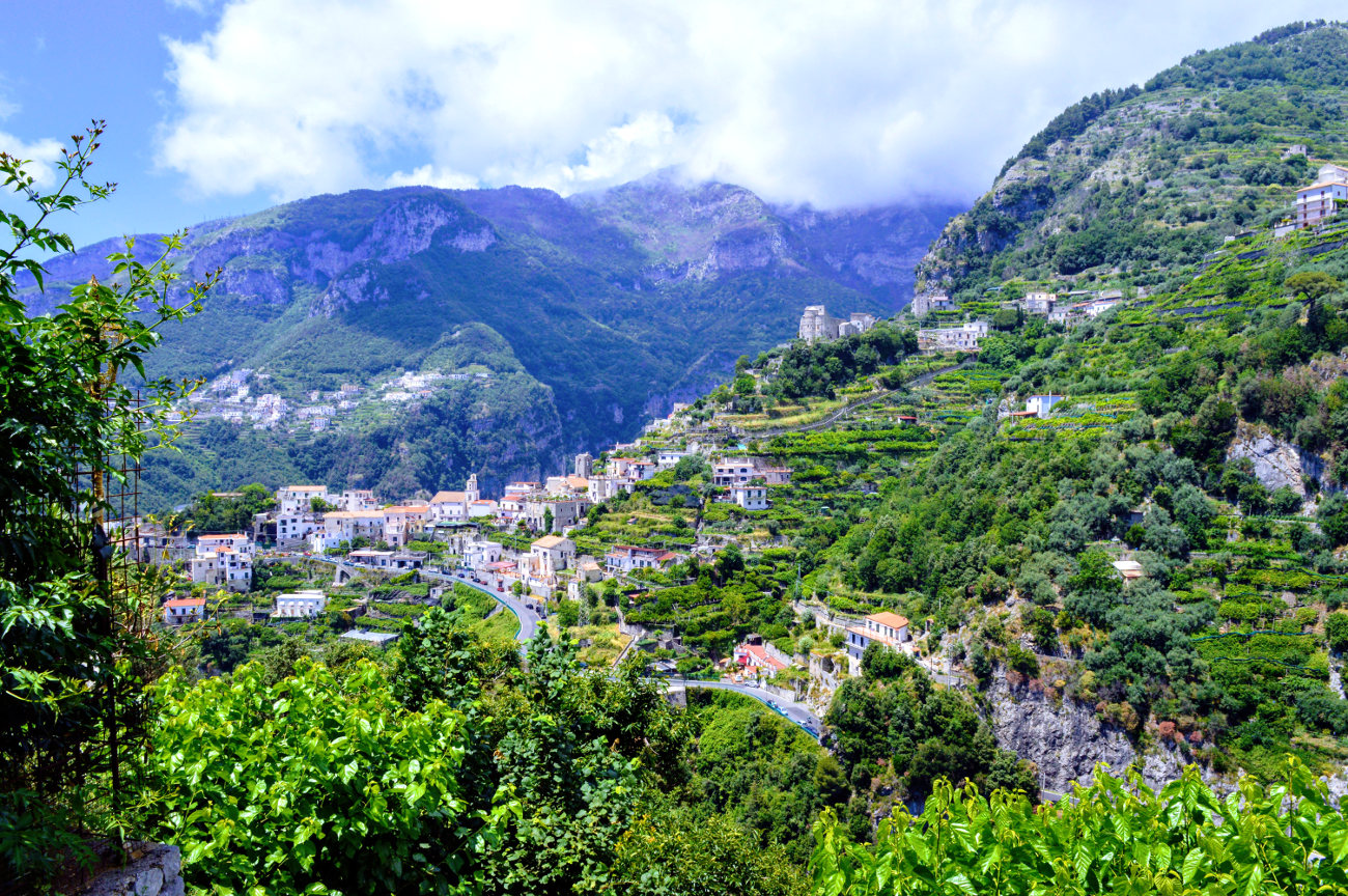 View of Pontone with the Basilica Sant'Eustachio to be seen above the town and just below the mountain top.