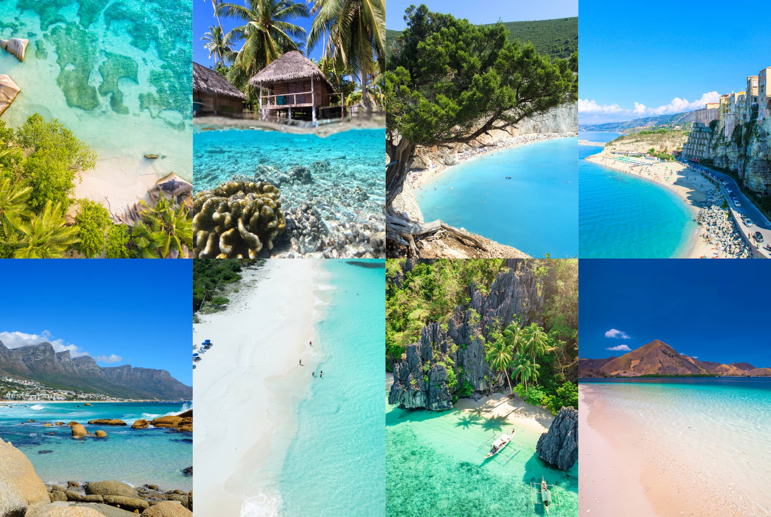 A collage of eight exquisite beaches with clear water from around the world. These are just some of the world's best clear water beaches.