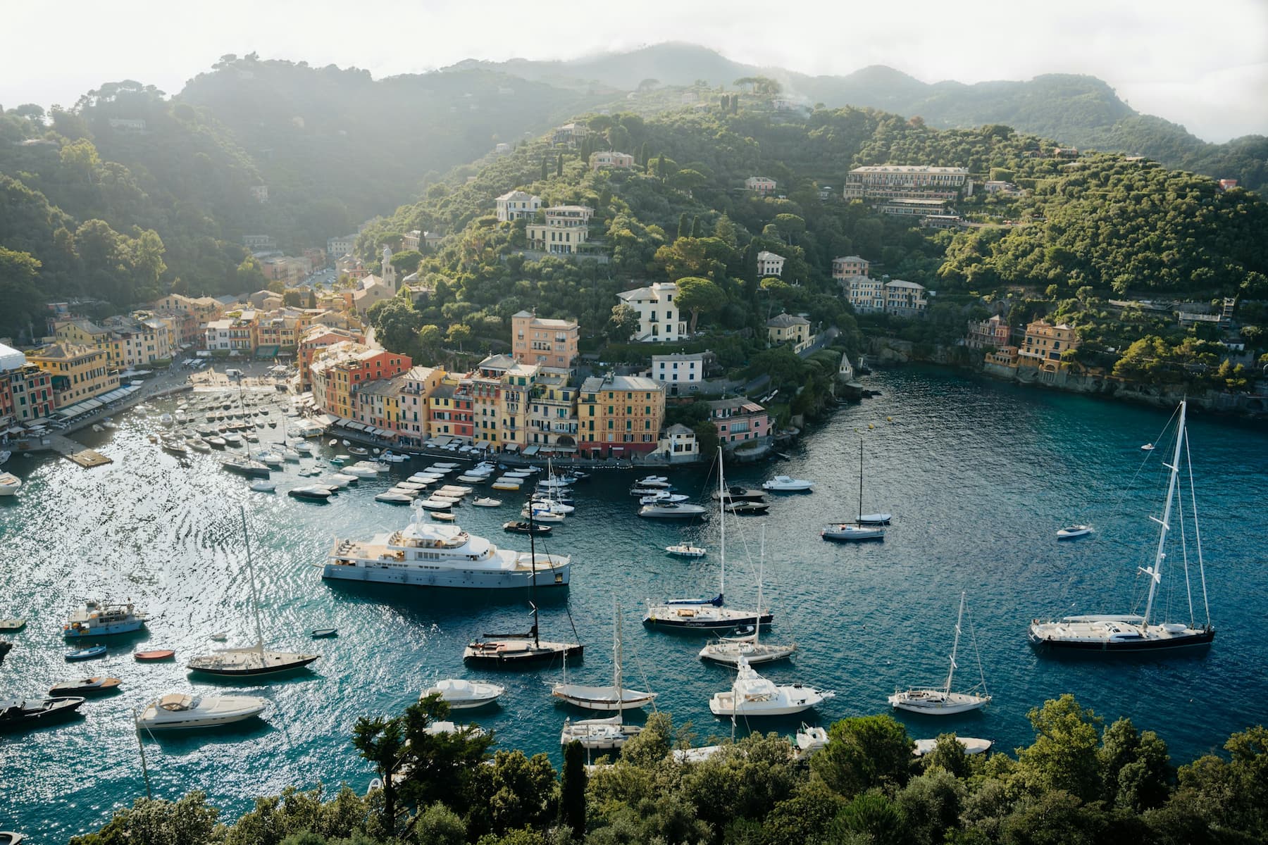 Portofino on the Italian Riviera is a popular destination with the rich and famous. Aerial view of Portofino, Italian Riviera
