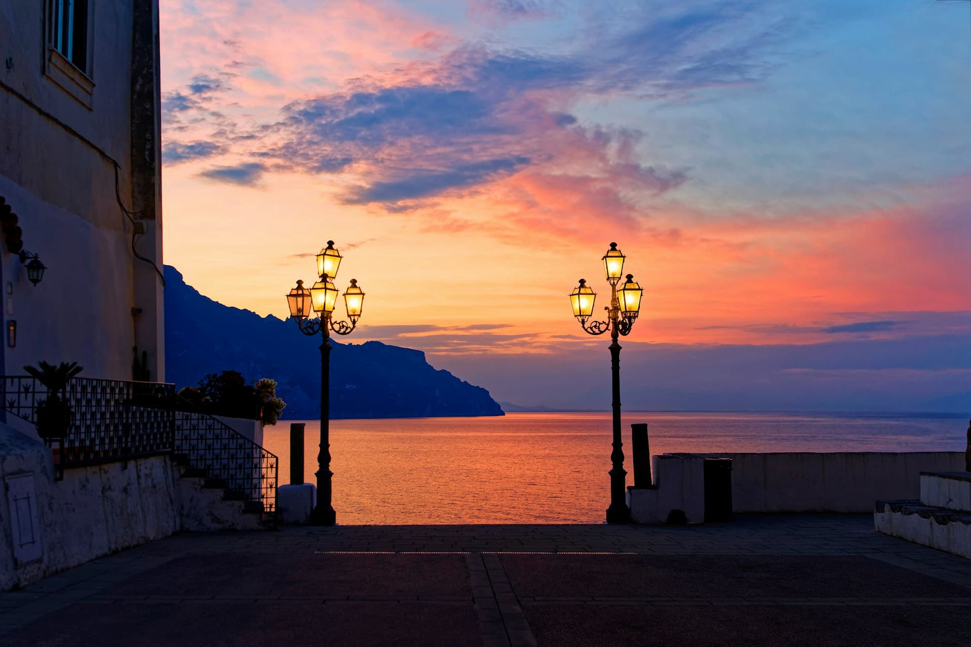View of a colorful sunset in Atrani Italy