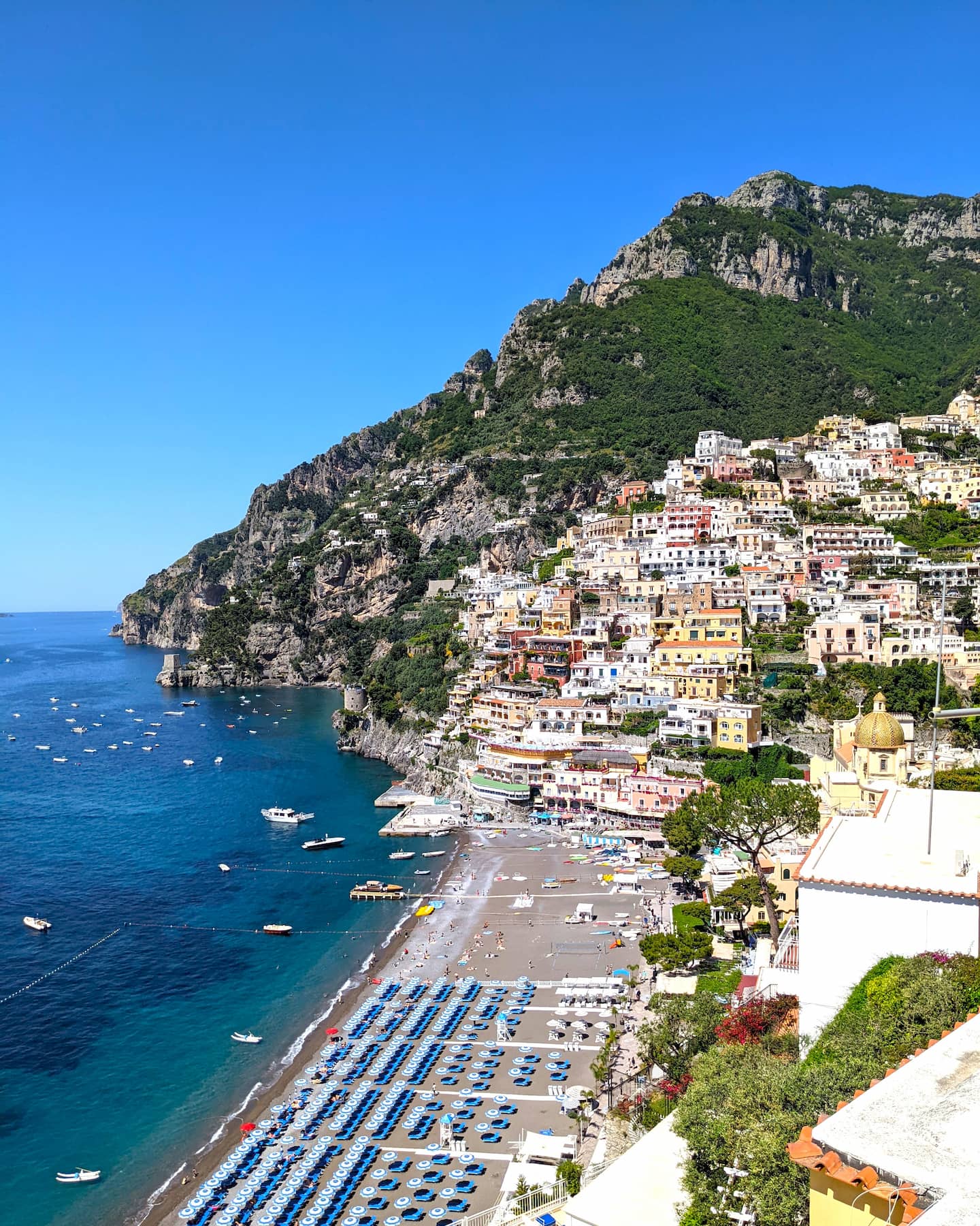 View of Positano's main beach, one of the most popular Amalfi Coast beaches