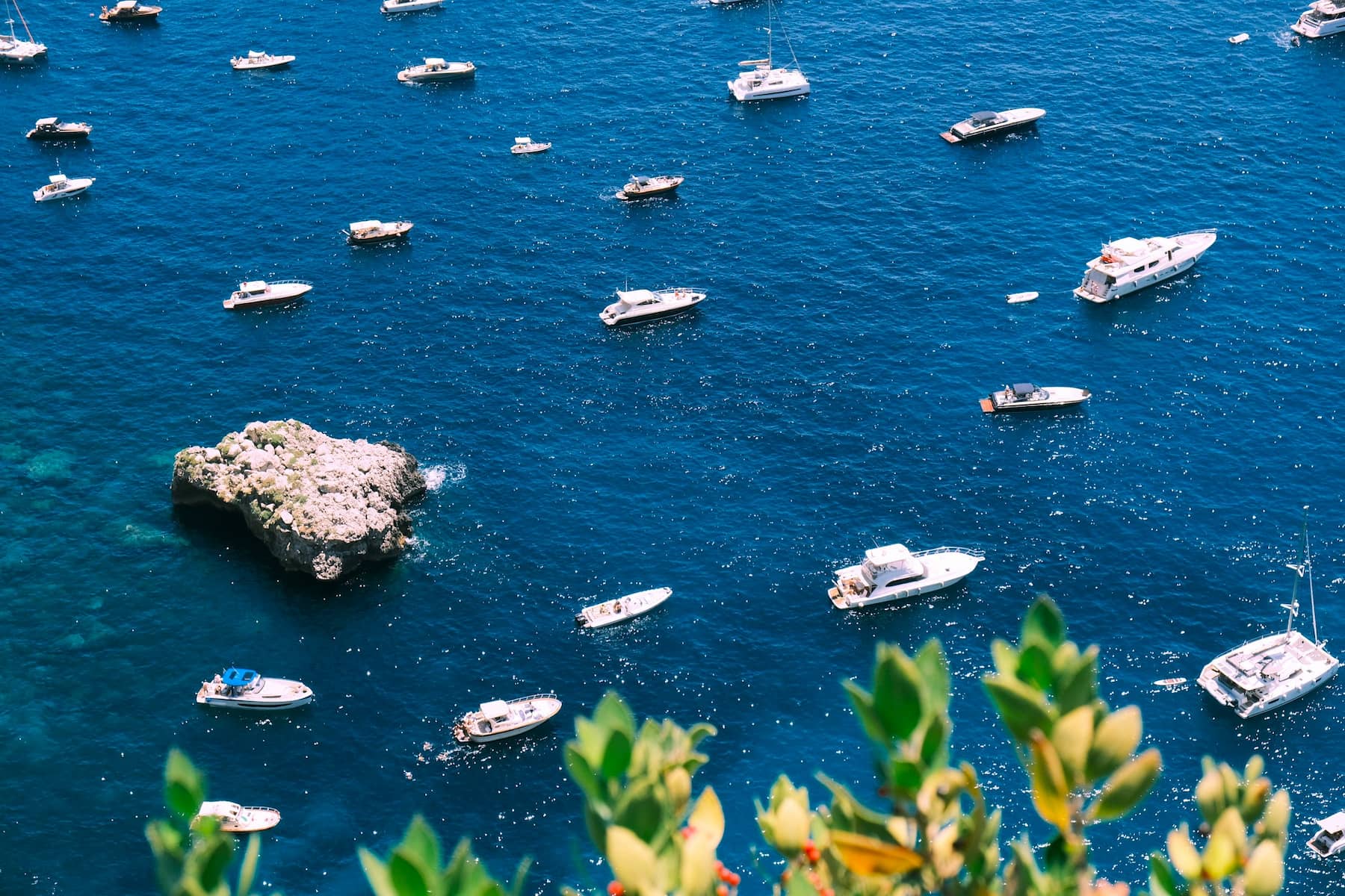 Aerial view of boats and yachts off the coast of Capri, Italy