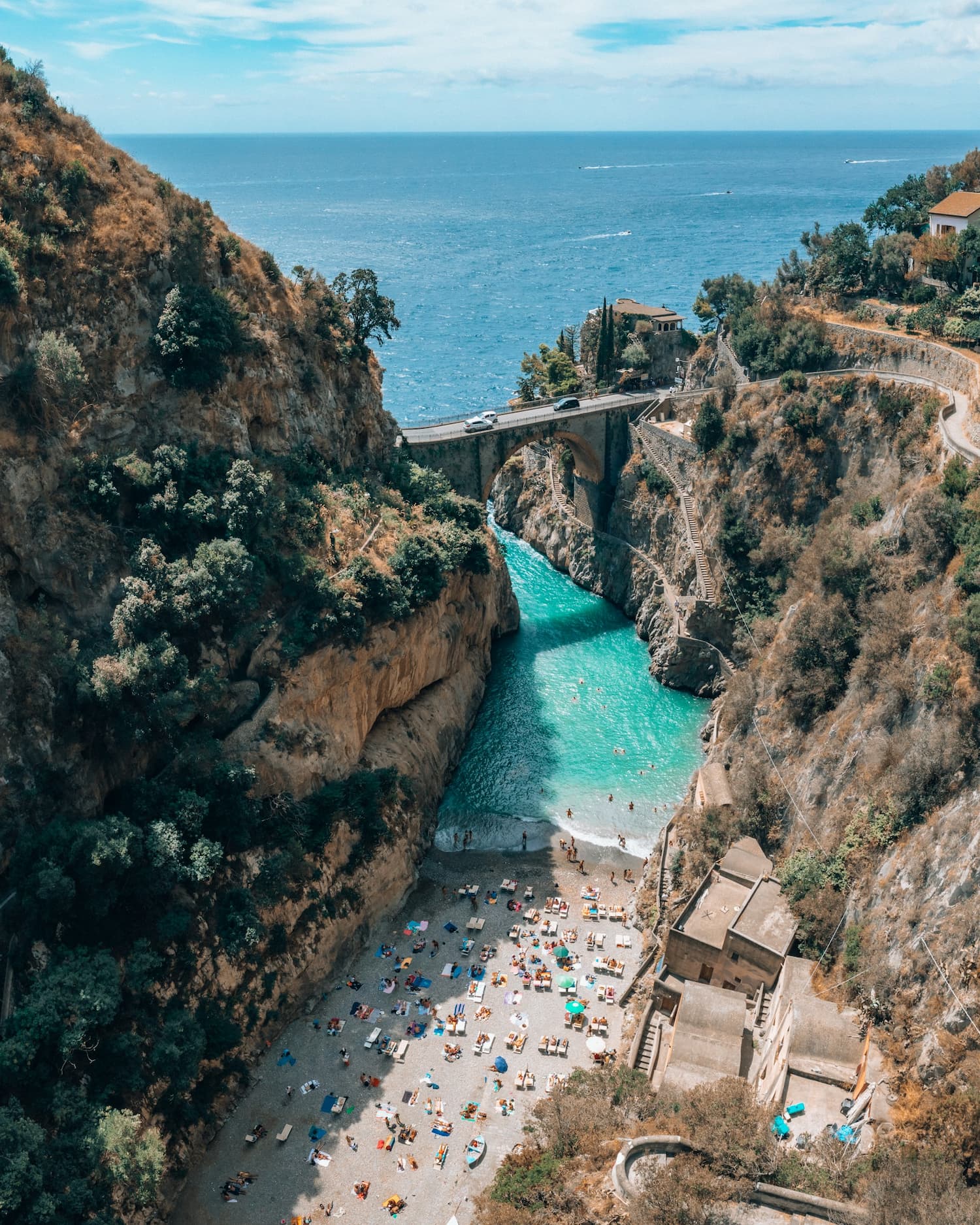 Aerial view of the Furore Fjord, home to one of the best beaches on the Amalfi Coast