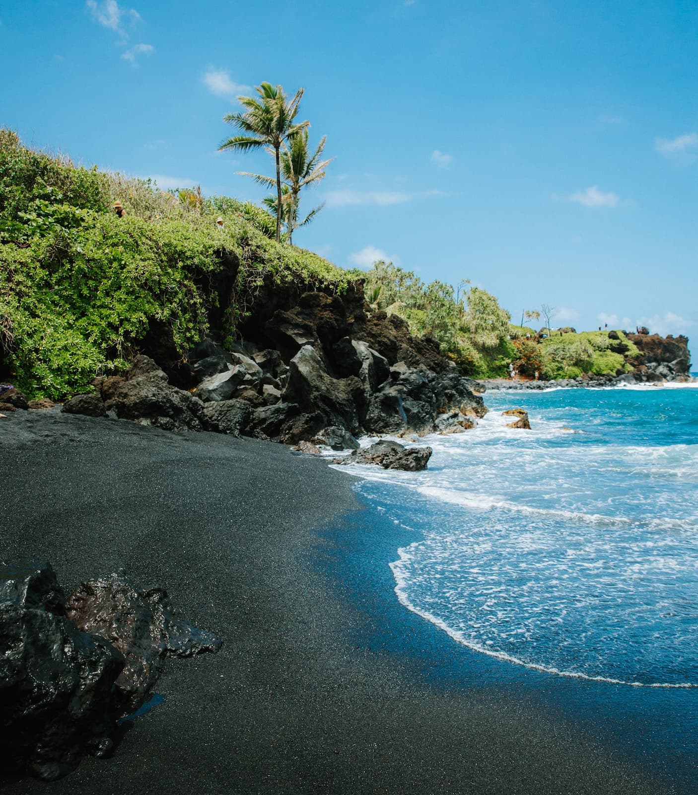 Maui is The Best Island to Visit in Hawaii for Couples and Honeymooners Black sand beach with a palm tree in the background on Maui island, Hawaii