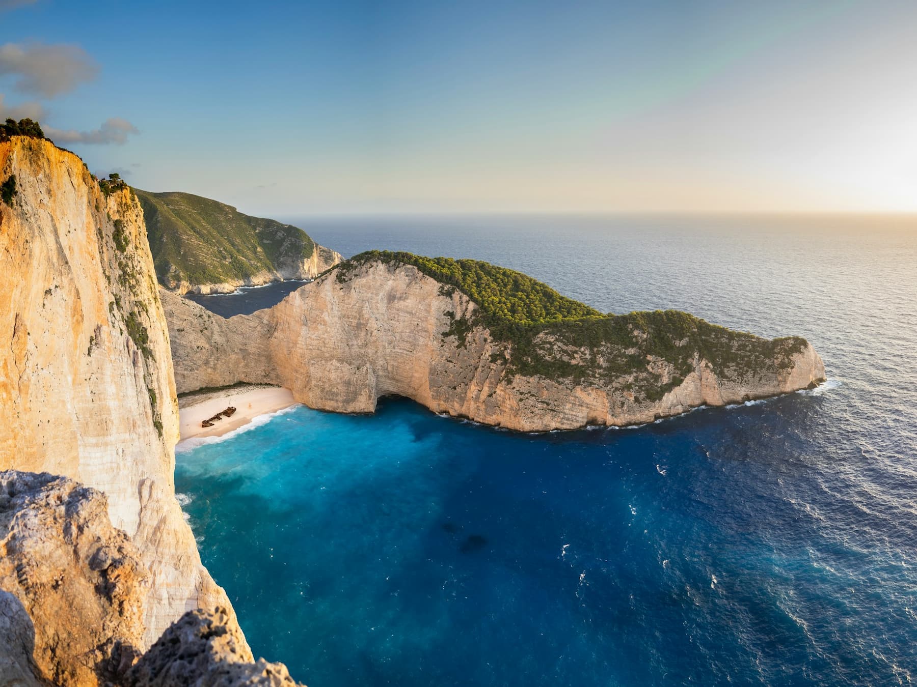Navagio or Shipwreck Beach seen from a viewpoint in Zakynthos, Greece.