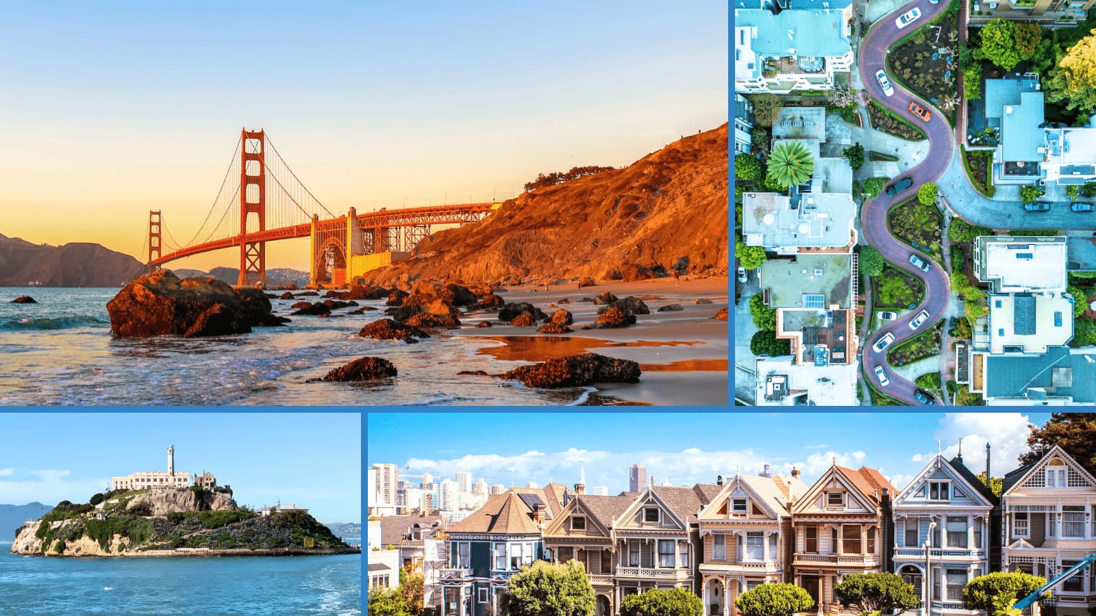 Top San Francisco attractions including the Golden Gate Bridge, Alcatraz Island, Lombard Street and the Painted Ladies of Alamo Square