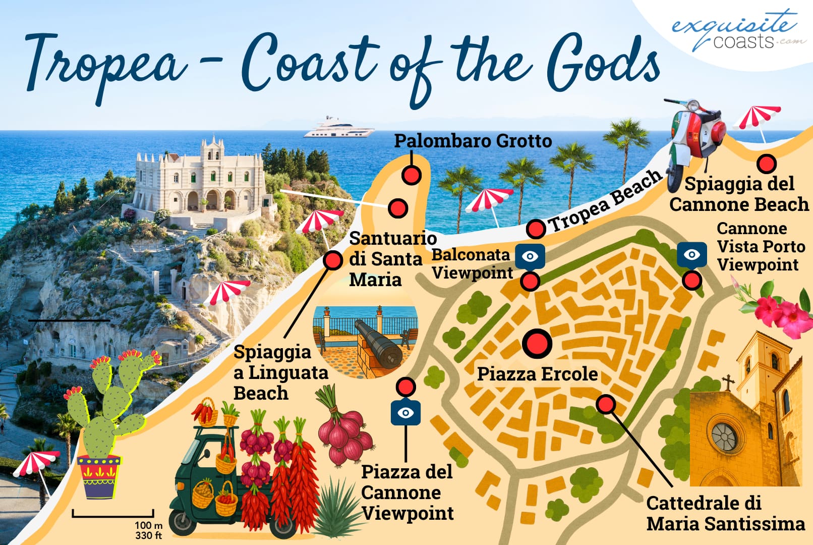 Illustrated map of Tropea Italy, located on Calabria's stunning Coast of the Gods.