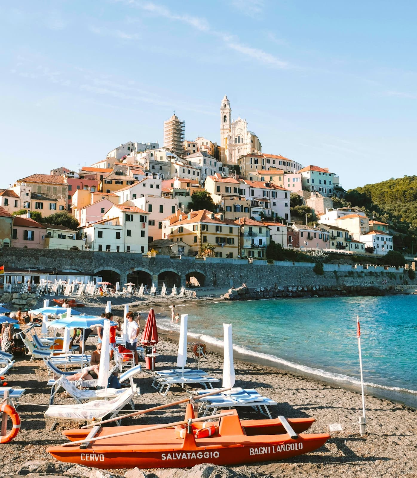 Cervo, one of the most exquisitely set towns along the Italian Riviera The old Italian Riviera town of Cervo in the background with the beach in the foreground