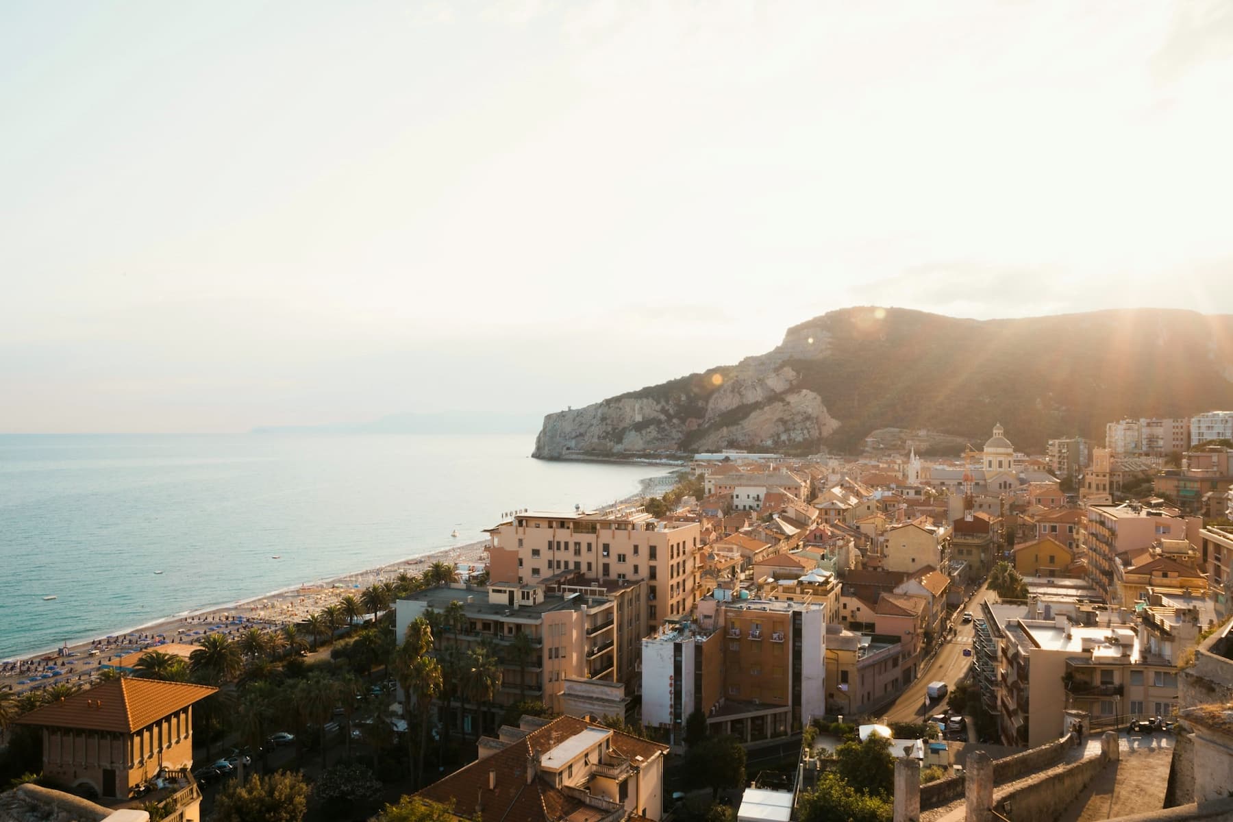 Finale Ligure is popular with Italians Aerial view of Finale Ligure and the beach
